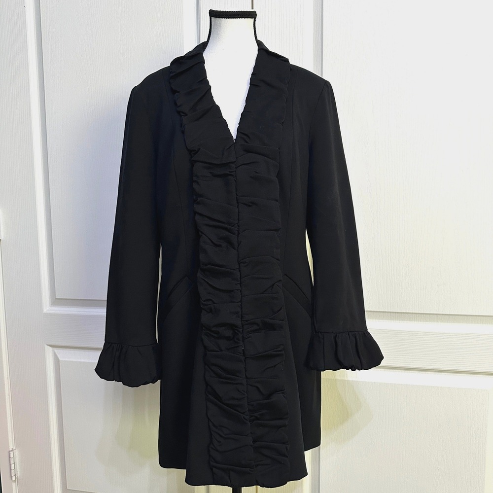 INC Black Ruffle Coat Jacket Womens M Ruched Evening Victorian Dark Academia